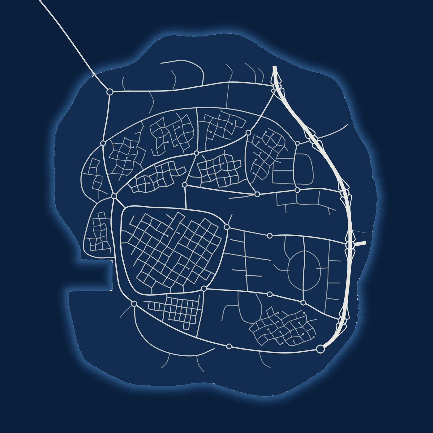 Road map of the island of Westhaven. A bridge leaves the north-west corner, a motorway runs down the eastern side, and a ring road circles the grid of streets in Westhaven town.