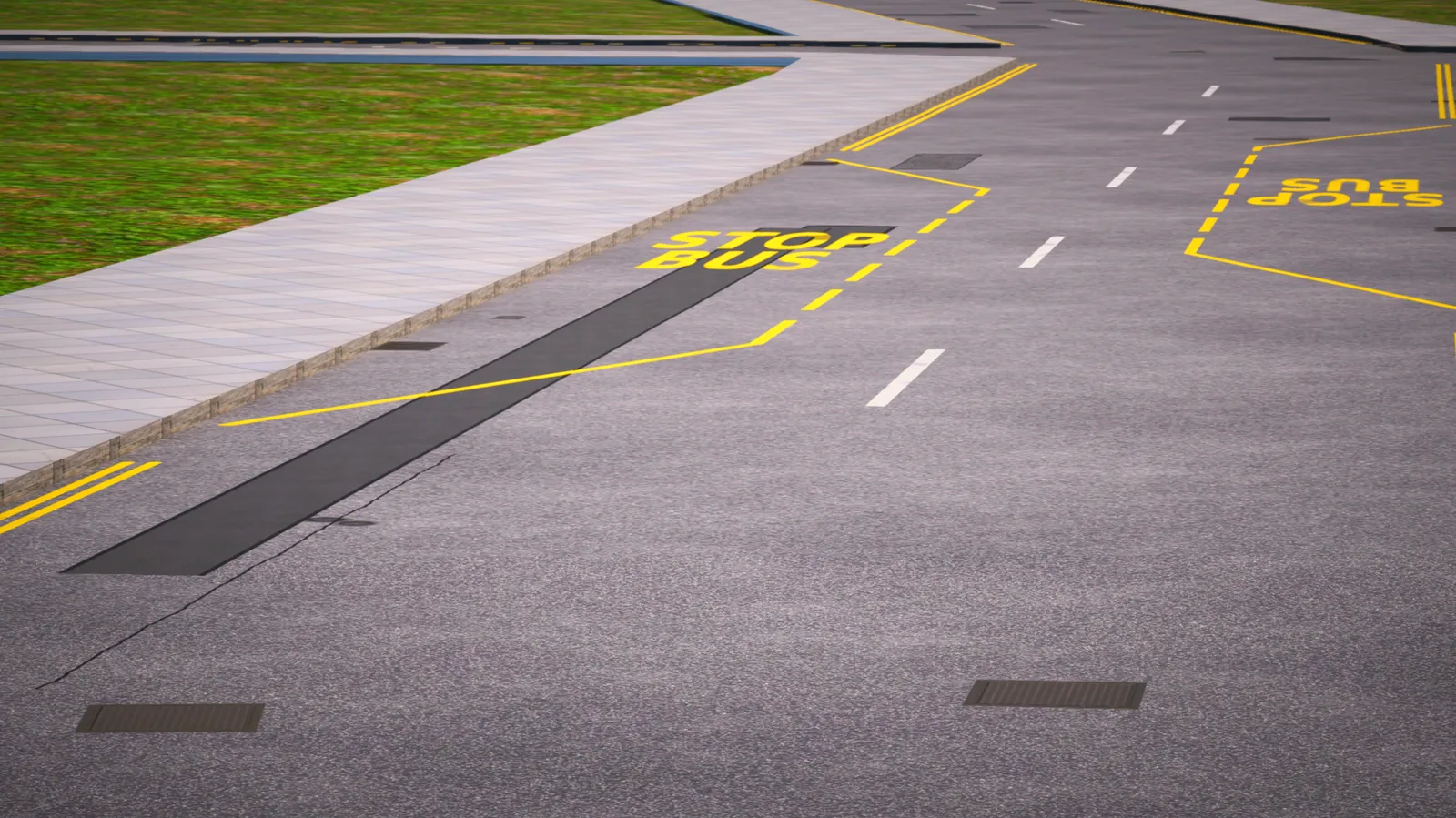 Yellow bus stop box markings on both sides of a road, with paved pavements and drain covers.