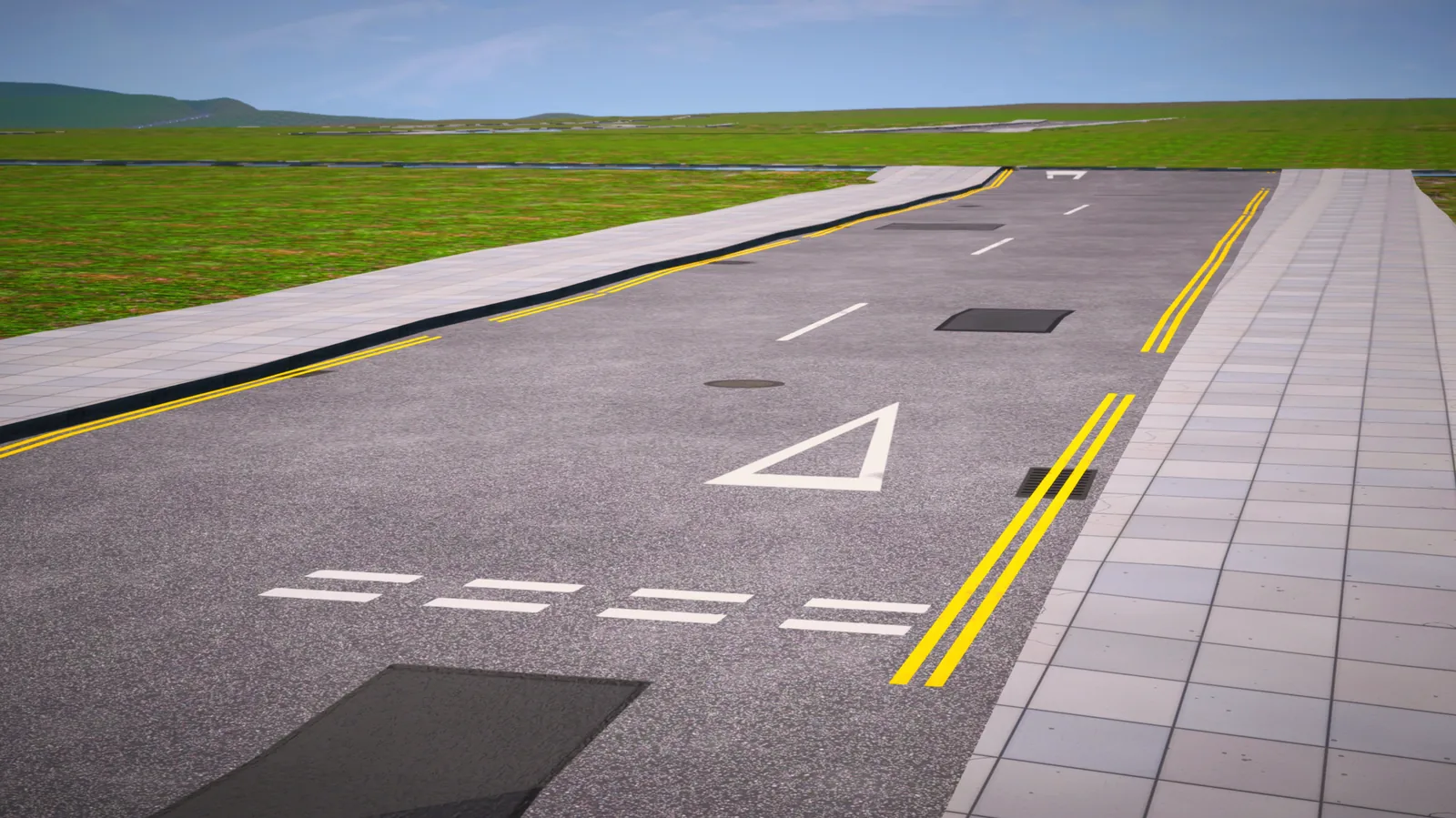 A white give way triangle and dashed give way line painted on a road, beside a paved pavement.