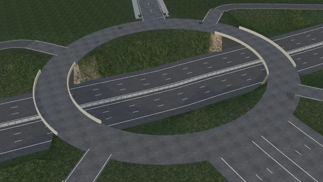 A large roundabout carried on two bridges over a six-lane motorway, seen from above in an early untextured scene.